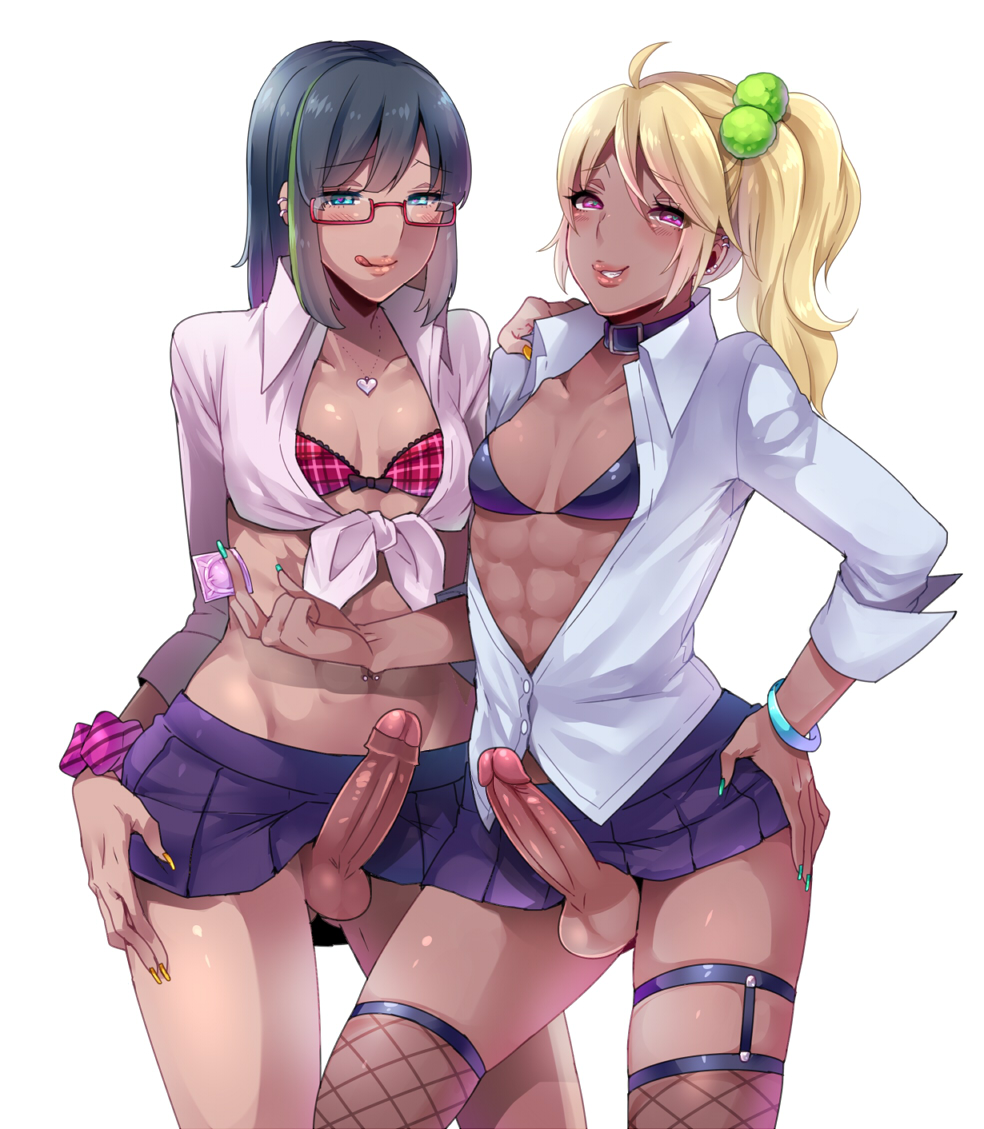 2boys :q abs ahoge androgynous asymmetrical_hair black_hair blonde_hair blush bra bracelet breasts choker collar condom crossdressing decensored earrings erection fingernails fishnets foreskin ganguro glasses hair_ornament hand_on_another's_shoulder hand_on_hip heart hiuna_hayami jewelry licking_lips lips long_fingernails looking_at_viewer miniskirt multicolored_hair multiple_boys multiple_penises nail_polish naughty_face navel navel_piercing necklace no_panties open_clothes open_shirt original parted_lips penis phimosis piercing pink_eyes puffy_chest red-framed_glasses scrunchie shirt side_ponytail simple_background skirt small_breasts smirk standing tan testicles tongue tongue_out trap two-tone_hair uncensored underwear white_background
