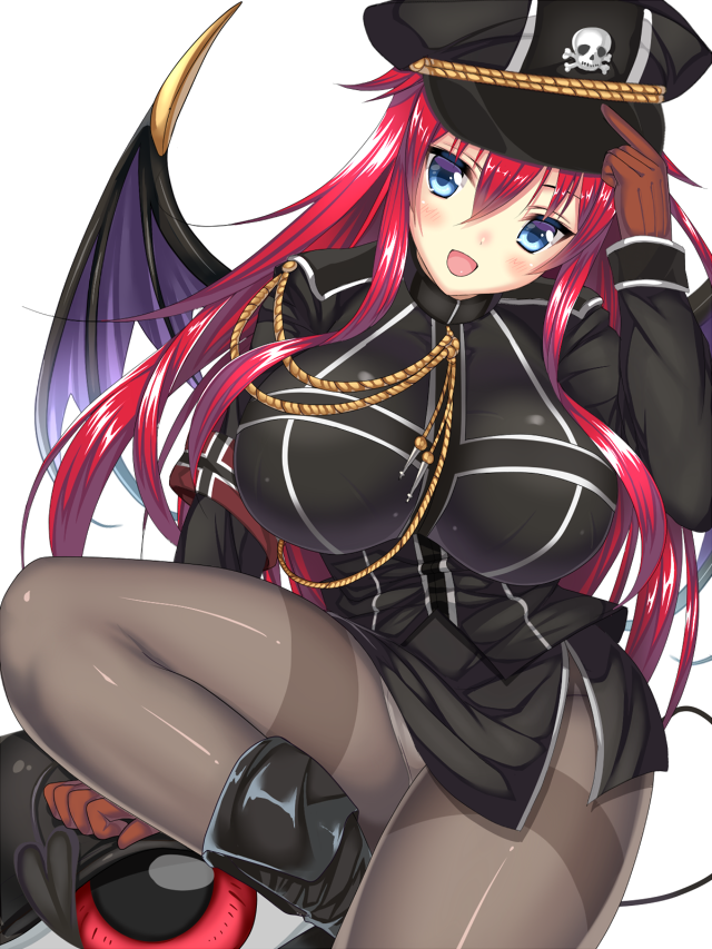 black_hat black_legwear blue_eyes blush breasts character_request cleavage demon_wings eyebrows_visible_through_hair hat hat_tip inma_kourin_devil_carnival large_breasts long_hair looking_at_viewer open_mouth panties panties_under_pantyhose pantyhose red_hair seta_(monyun) skull_and_crossbones smile solo underwear wings