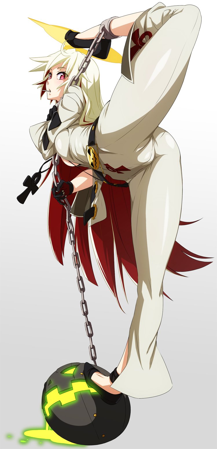 ass black_gloves blonde_hair breasts cameltoe candy chain error food gloves guilty_gear halo high_heels highres jack-o'_valentine leg_up lollipop long_hair looking_at_viewer medium_breasts pants purple_eyes simple_background solo un white_background wrong_feet