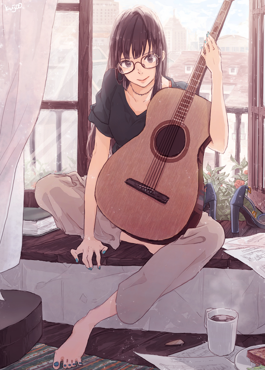acoustic_guitar bangs barefoot beige_pants black-framed_eyewear black_shirt blue_nails brown_eyes brown_hair capri_pants city coffee coffee_mug collarbone cup curtains fingernails full_body glasses guitar high_heels highres indoors instrument jewelry kujyoo long_hair looking_at_viewer mug nail_polish necklace open_toe_shoes open_window original pants plant plate sheet_music shirt shoes shoes_removed short_sleeves signature sitting sitting_in_window sleeves_folded_up smile solo strappy_heels t-shirt toenail_polish window