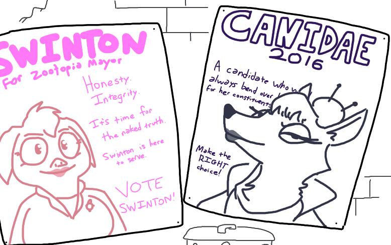 alley anthro canine disney duo english_text fan_character female innuendo looking_at_viewer low_res mammal mayor_swinton pig porcine poster smile text the_weaver wolf zootopia