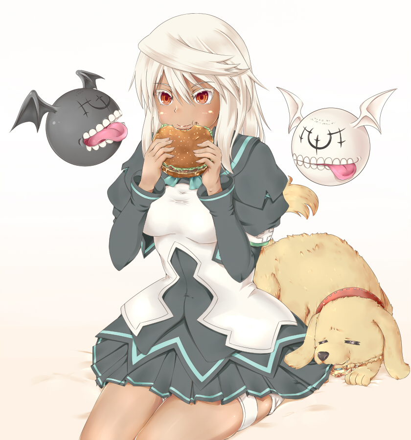 :t =_= animal armband black_shirt black_skirt breasts closed_mouth collar colored_eyelashes dark_skin dog food food_on_face guilty_gear guilty_gear_xrd hair_between_eyes hamburger holding holding_food juliet_sleeves long_sleeves lying md5_mismatch medium_breasts on_stomach orange_eyes pleated_skirt puffy_sleeves ramlethal_valentine shirt simple_background sitting skirt thigh_strap tongue tongue_out v-shaped_eyebrows white_background white_hair yui_(imprinting)