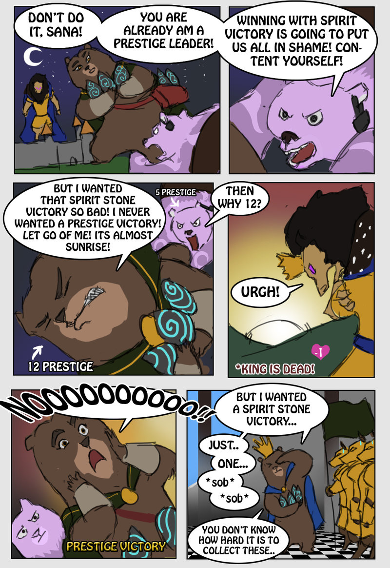 &lt;3 armello armor bear brun_(armello) canine clothed clothing comic crown dialogue dog english_text feline lion mammal purpleground02 sana_(armello) sweat sweatdrop text the_king_(armello)