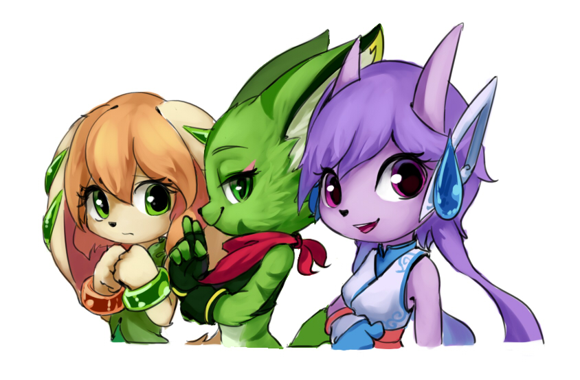 blonde_hair breasts canine carol_tea clothed clothing cream_fur dog dragon female freedom_planet freedom_planet_2 fur green_eyes green_fur group hair luciferamon mammal milla_basset purple_eyes purple_hair sash_lilac scarf simple_background video_games white_background