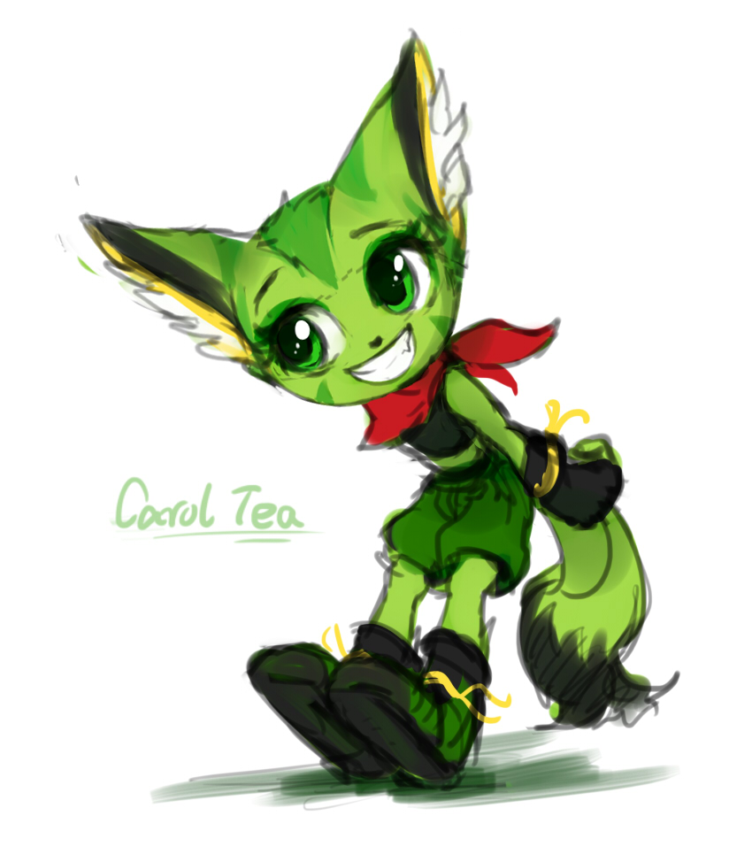 carol_tea cat clothed clothing feline female freedom_planet fur green_eyes green_fur luciferamon mammal midriff scarf shorts smile solo video_games wildcat