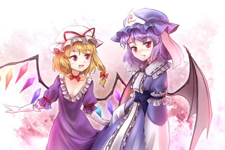 arm_garter asymmetrical_hair bat_wings blonde_hair blue_dress blue_hat blue_ribbon blush bow bowtie breasts center_frills choker closed_mouth cosplay demon_wings dress elbow_gloves expressionless fang fang_out flandre_scarlet frilled_dress frilled_shirt_collar frilled_sleeves frills gloves hair_bow hat hat_ribbon look-alike looking_away looking_down looking_to_the_side low_neckline minust mob_cap multiple_girls open_mouth oversized_clothes puffy_short_sleeves puffy_sleeves purple_dress purple_hair red_bow red_eyes red_neckwear red_ribbon remilia_scarlet ribbon ribbon-trimmed_clothes ribbon_choker ribbon_trim saigyouji_yuyuko saigyouji_yuyuko_(cosplay) sash short_hair short_sleeves side_ponytail skirt_hold slit_pupils small_breasts tooth touhou triangular_headpiece white_gloves wings yakumo_yukari yakumo_yukari_(cosplay)