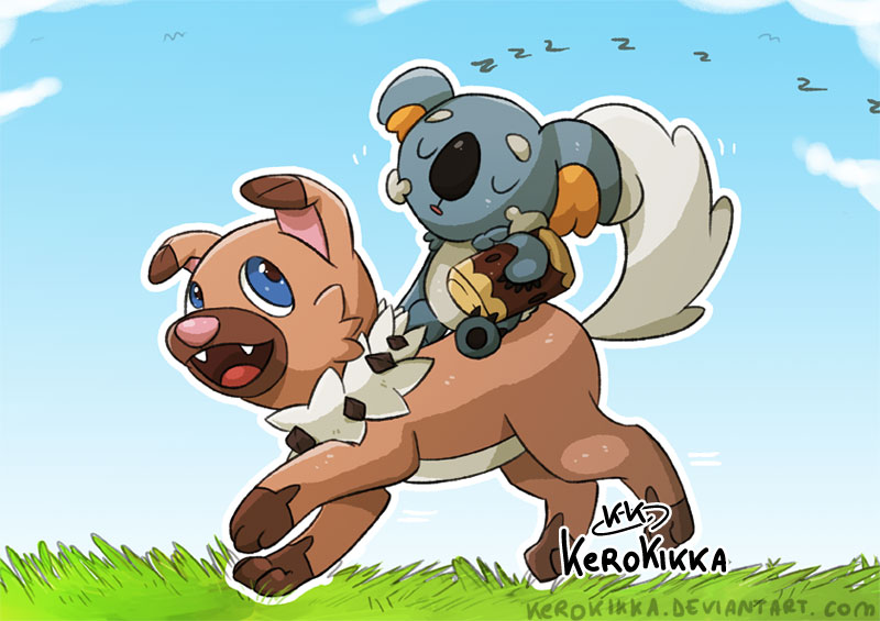 2016 canine dog happy kerokikka komala mammal nintendo pok&eacute;mon riding rockruff sleeping video_games