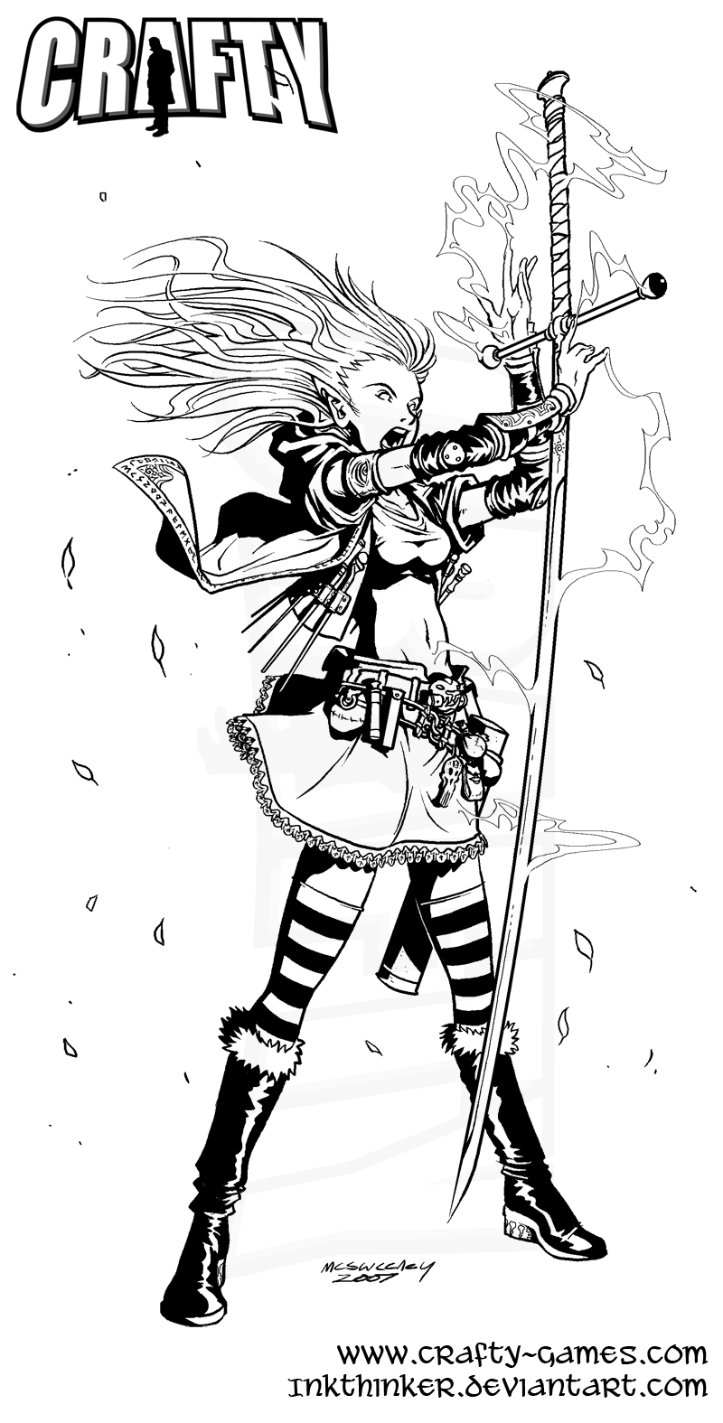 armor belt boots bracers breasts clothed clothing crafty_games elf fantasy_craft female footwear great_sword hair humanoid inkthinker legwear long_hair magic magic_user mammal melee_weapon midriff monochrome navel not_furry open_mouth pointy_ears simple_background skirt socks solo spell standing striped_legwear striped_socks stripes sword teeth thigh_highs wand weapon