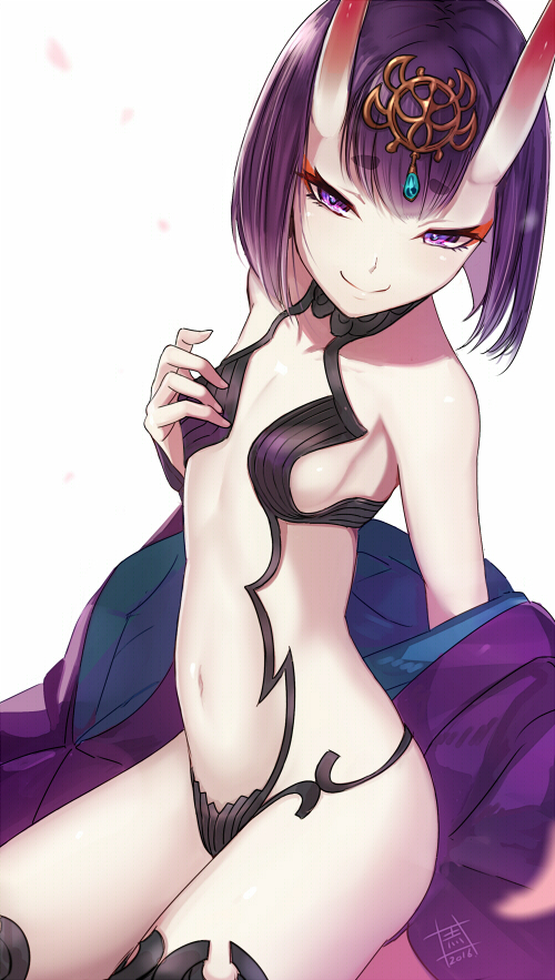 2016 akaitera banned_artist bob_cut breasts dated fate/grand_order fate_(series) horns japanese_clothes kimono navel oni oni_horns pale_skin purple_eyes purple_hair short_hair shuten_douji_(fate/grand_order) simple_background small_breasts smile solo white_background