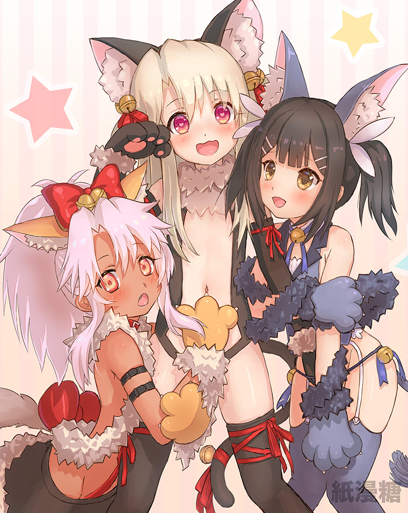 3girls animal_ears arm_hug arm_strap artist_request bangs bell bell_collar black_gloves black_hair black_legwear black_leotard black_skirt blue_ribbon blush bow breasts brown_eyes cat_ears cat_tail center_opening chloe_von_einzbern collar crop_top dark_skin fang fate/kaleid_liner_prisma_illya fate_(series) feathers fur_collar fur_trim garter_straps gloves grey_gloves grey_legwear hair_bell hair_bow hair_feathers hair_ornament hairclip heart heart-shaped_pupils hips illyasviel_von_einzbern jingle_bell kneeling leg_hug leotard long_hair looking_at_viewer miyu_edelfelt multiple_girls navel open_mouth orange_eyes paws pink_hair ponytail red_bow red_eyes red_ribbon ribbon sidelocks skirt small_breasts smile symbol-shaped_pupils tail tan thighhighs thighs white_hair