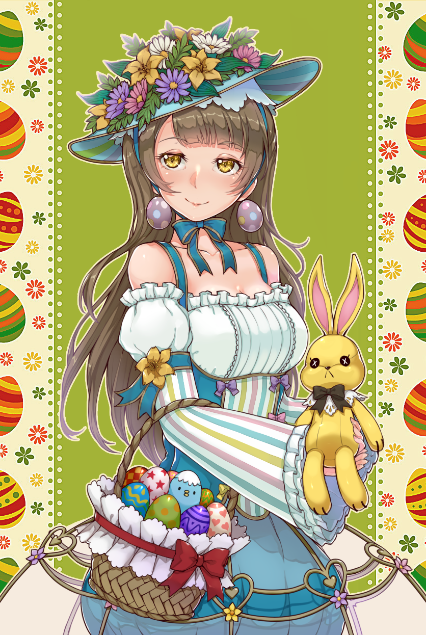 bare_shoulders basket bow brown_hair chin_strap dress e_neko earrings easter easter_egg egg flower frilled_dress frilled_sleeves frills hair_down hat hat_flower highres jewelry long_hair love_live! love_live!_school_idol_project minami_kotori multicolored multicolored_polka_dots polka_dot smile solo striped stuffed_animal stuffed_bunny stuffed_toy underbust vertical_stripes yellow_eyes