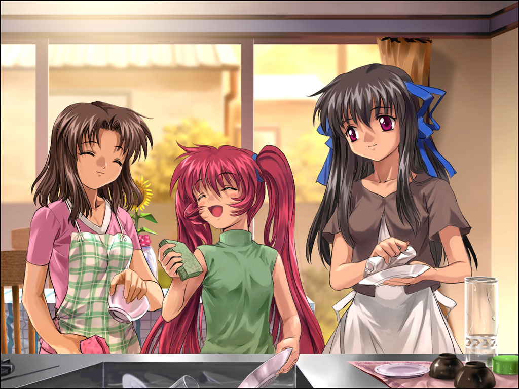 air apron blouse brown_hair cup dishes flower hair_ribbon happy height_difference indoors kitchen long_hair looking_at_another michiru_(air) multiple_girls mutsuki_(moonknives) plate red_eyes red_hair ribbon short_hair short_sleeves sink sleeveless sleeveless_turtleneck smile sponge sunflower toono_minagi turtleneck twintails very_long_hair washing wet window
