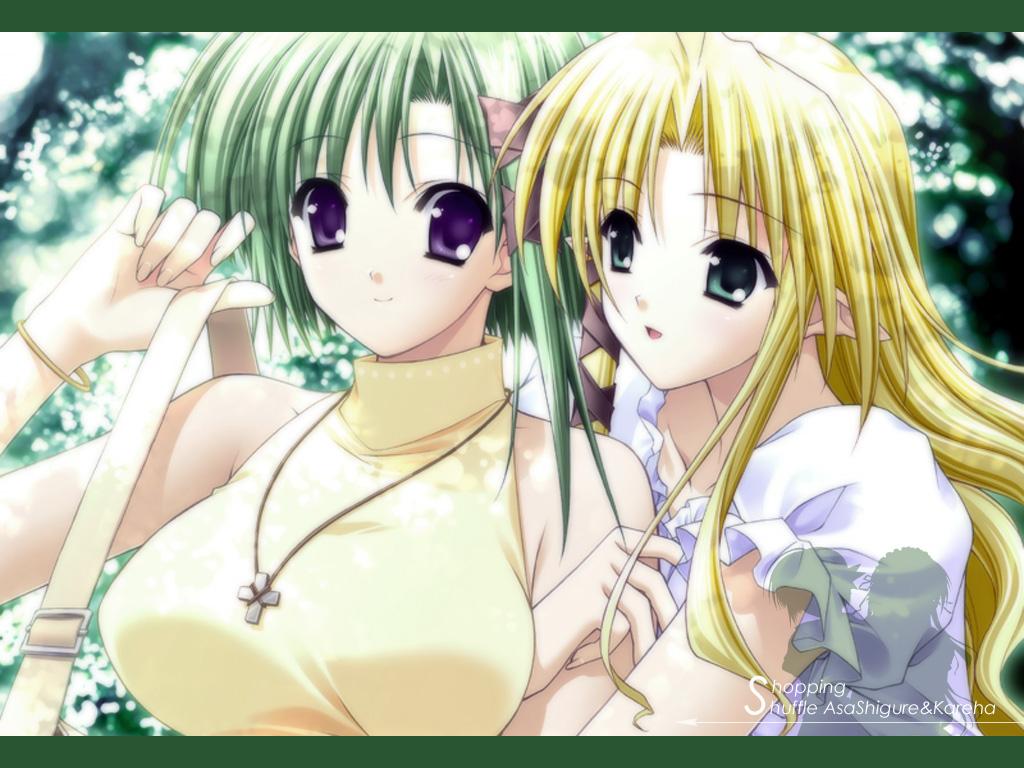 bare_shoulders blonde_hair breasts green_eyes green_hair kareha large_breasts multiple_girls official_art pointy_ears purple_eyes shigure_asa shuffle! suzuhira_hiro wallpaper