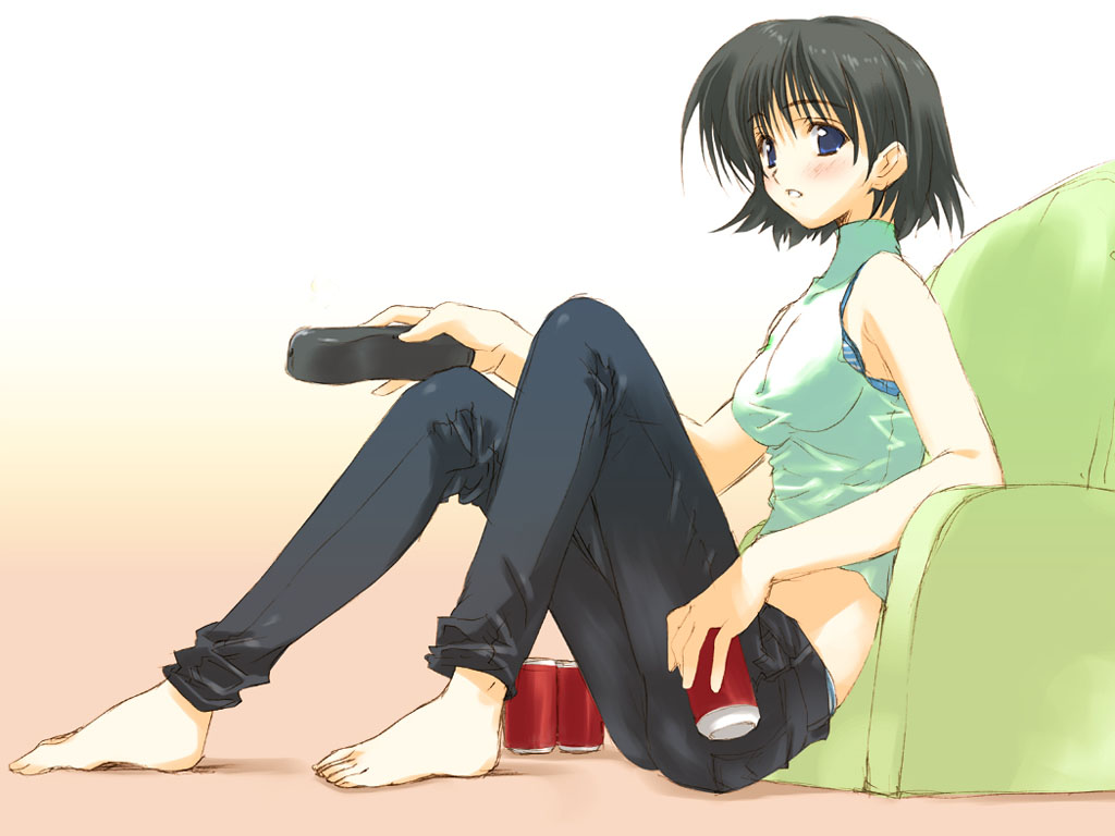 alcohol amazuyu_tatsuki armpits bare_shoulders barefoot beer black_hair blue_eyes bra can casual copyright_request couch legs lingerie short_hair sitting sleeveless sleeveless_turtleneck solo striped television turtleneck underwear