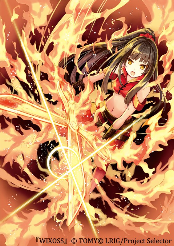 :o bare_shoulders black_hair commentary_request copyright_name crop_top fire glint hair_ornament long_hair looking_at_viewer midriff navel nozomi_fuuten official_art open_mouth ponytail scissors scrunchie selector_wixoss solo v-shaped_eyebrows wixoss yellow_eyes yuzuki_(wixoss)