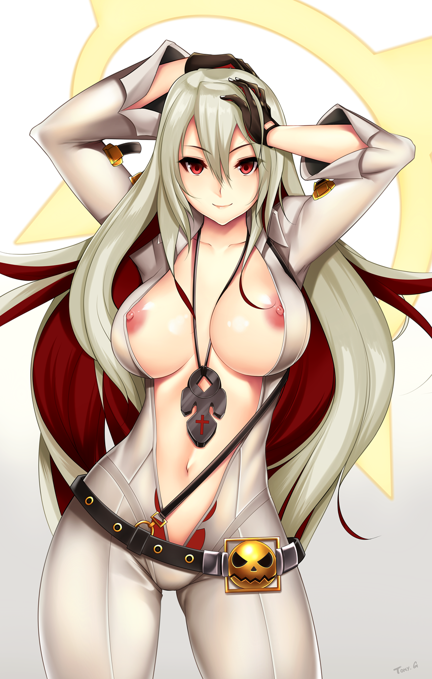 :d ankh arms_up ass_visible_through_thighs bangs belt belt_buckle between_breasts black_gloves bodysuit breasts breasts_apart buckle closed_mouth collarbone contrapposto cowboy_shot cross gloves gradient gradient_background grey_background groin guilty_gear guilty_gear_xrd hair_between_eyes hand_in_hair hands_on_own_head highres hips jack-o'_valentine jewelry large_breasts light_smile long_hair looking_at_viewer loose_belt multicolored_hair navel necklace nipple_slip nipples no_bra open_clothes open_mouth red_eyes red_hair shadow shiny shiny_skin signature smile smiley_face solo standing studded_belt tony_guisado two-tone_hair very_long_hair white_background white_bodysuit white_hair