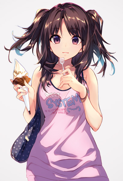 :3 bag banned_artist bare_arms brown_hair collarbone cowboy_shot eyebrows eyebrows_visible_through_hair food grey_background holding holding_spoon ice_cream ice_cream_cone long_hair looking_at_viewer original pink_eyes shoulder_bag simple_background solo spoon suisen tank_top tareme twintails