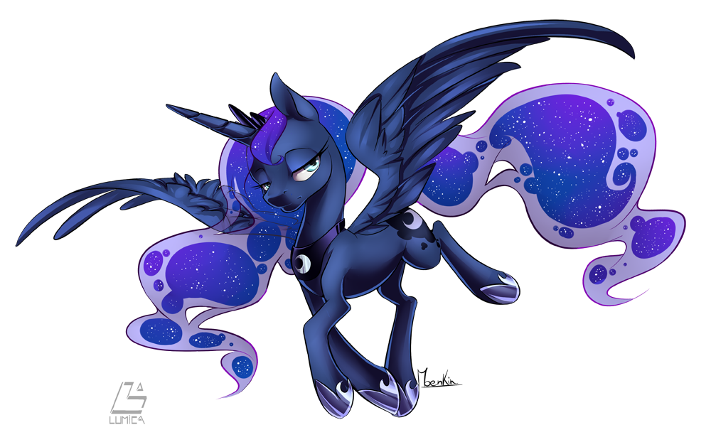 blue_eyes blue_feathers cosmic_hair cutie_mark equine feathered_wings feathers feral flying friendship_is_magic half-closed_eyes hooves horn mammal moenkin my_little_pony princess_luna_(mlp) simple_background solo winged_unicorn wings