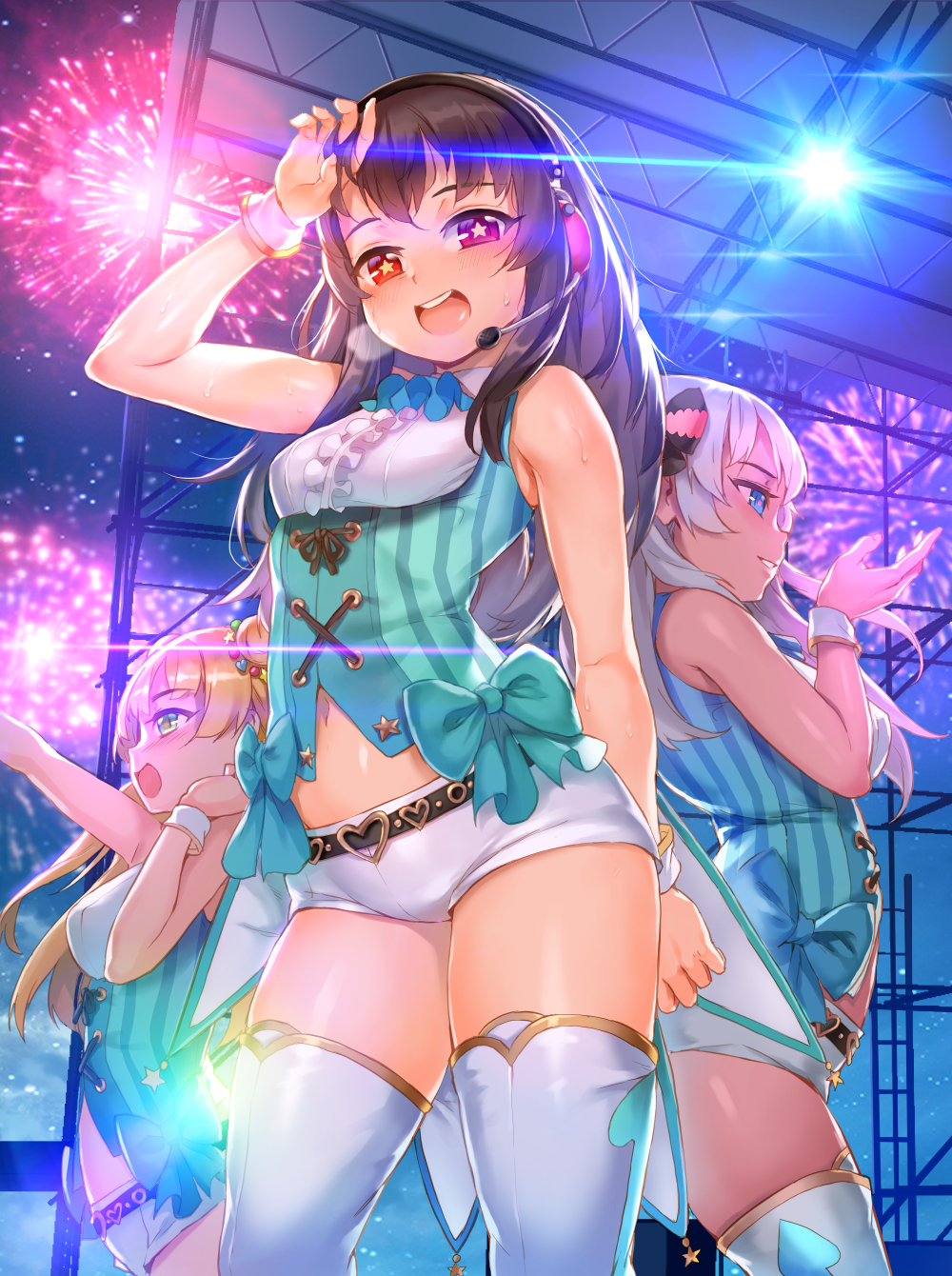 banned_artist belt blonde_hair blue_eyes blush boots breasts brown_hair fireworks from_below furyou_michi_~gang_road~ green_eyes headphones headset heart highres idol long_hair looking_at_viewer medium_breasts multiple_girls navel night night_sky official_art open_mouth outdoors parted_lips red_eyes shirt short_shorts shorts sky sleeveless sleeveless_shirt small_breasts smile star star-shaped_pupils symbol-shaped_pupils thigh_boots thighhighs xil