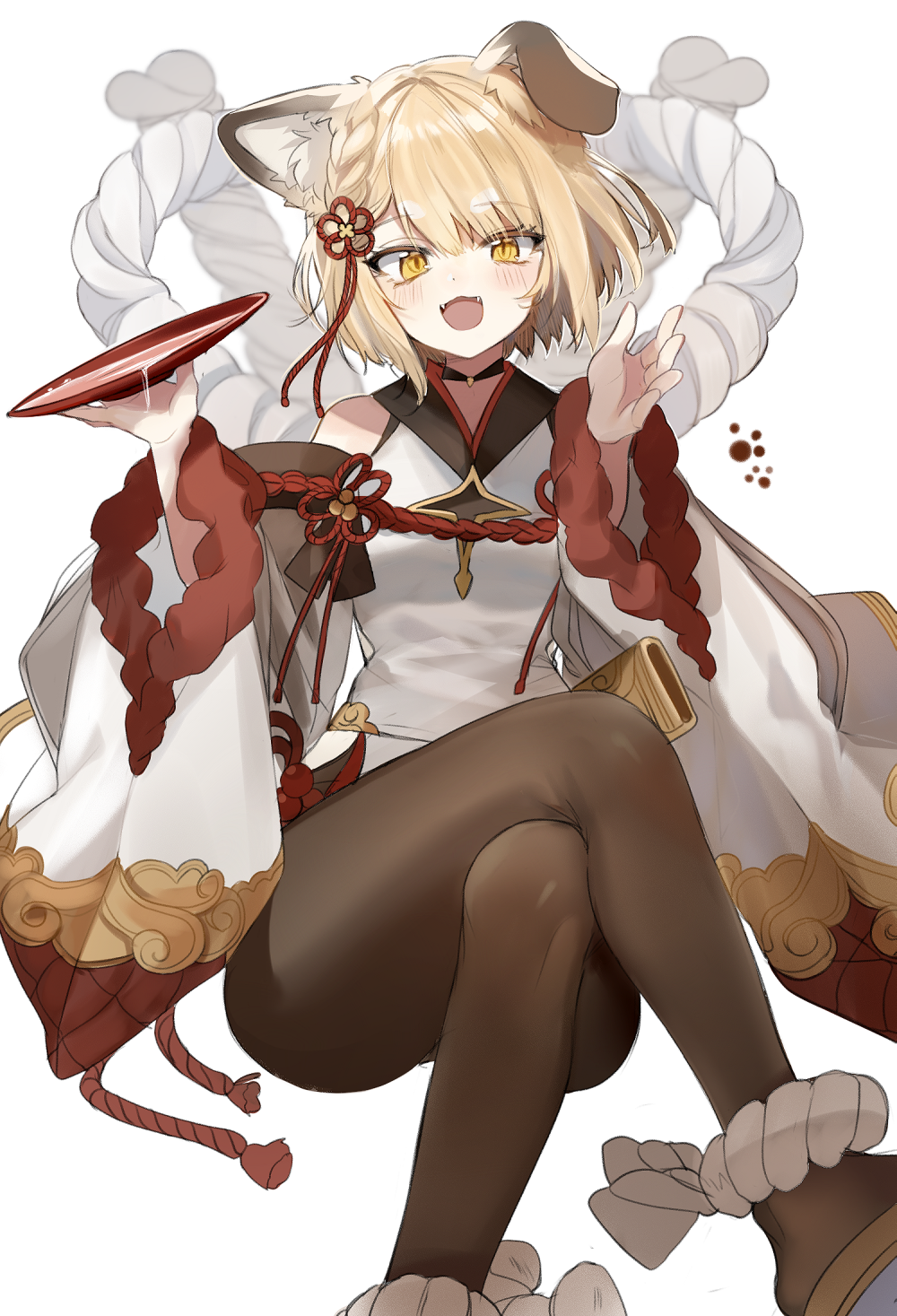 1girl :3 :d alcohol animal_ears ankle_wrap bangs black_legwear blonde_hair blush braid brown_legwear collar commentary_request cup detached_sleeves dog_collar dog_ears dress eyebrows_visible_through_hair fangs feet_out_of_frame granblue_fantasy hair_ribbon hands_up highres holding holding_cup legs_crossed long_sleeves looking_at_viewer mid_(gameshe) open_mouth pantyhose red_ribbon ribbon rope sakazuki sake sheath shimenawa short_dress short_hair simple_background sitting smile solo vajra_(granblue_fantasy) white_background white_dress wide_sleeves yellow_eyes