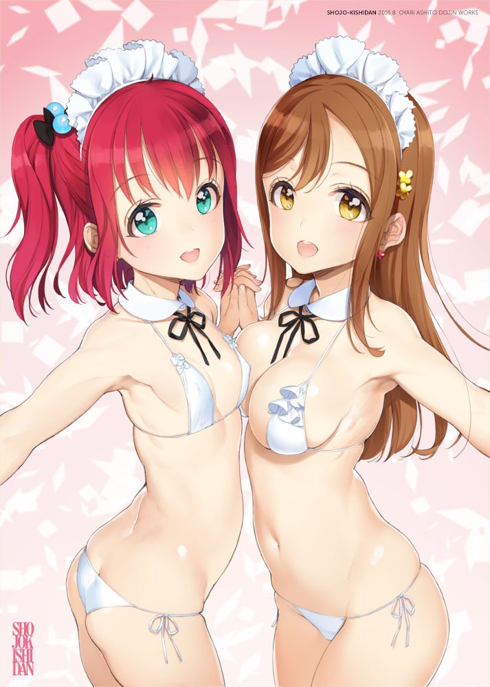 aqua_eyes ass bikini blush breasts brown_eyes brown_hair cleavage flat_ass frilled_bikini frills interlocked_fingers kunikida_hanamaru kurosawa_ruby large_breasts long_hair looking_at_viewer love_live! love_live!_sunshine!! maid_headdress multiple_girls navel ooyari_ashito open_mouth red_hair short_hair side-tie_bikini small_breasts smile swimsuit