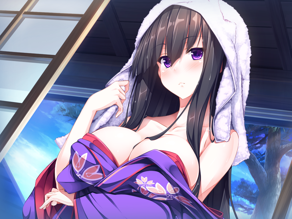black_hair blush breast_hold breasts game_cg japanese_clothes kamijou_shiori kimono large_breasts long_hair looking_at_viewer off_shoulder purple_eyes rozea_(graphmelt) solo towel towel_on_head tsukiyo_no_mura upper_body wet wet_hair