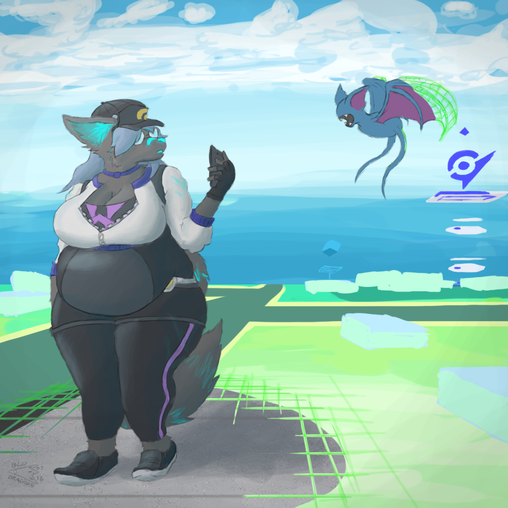 2016 anthro augmented_reality backpack baseball_cap belly big_belly big_breasts bioluminescence black_fur bludragoon blue_hair breasts canine cleavage clothed clothing eyewear female fennec fox fur glasses glowing hair hat huge_breasts jacket mammal nintendo open_mouth outside overweight phone pok&eacute;mon pok&eacute;mon_go slightly_chubby thick_thighs video_games wide_hips wireframe yoga_pants ysuffie zipper zubat