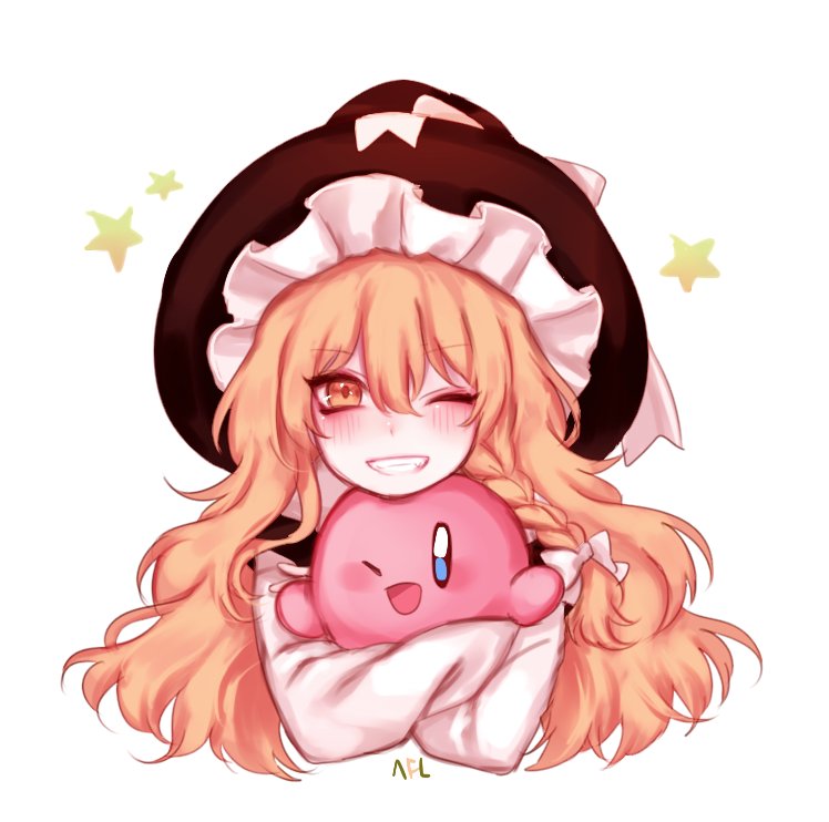 1girl ;d black_hat blonde_hair blue_eyes blush bow braid carrying commentary_request crossover derivative_work eyebrows_visible_through_hair grin hair_between_eyes hat hat_bow hug kirby kirby_(series) kirisame_marisa korean_commentary long_hair long_sleeves looking_at_viewer nail_polish nintendo one_eye_closed open_mouth pink_nails shan shirt simple_background single_braid smile star strap_slip touhou upper_body wavy_hair white_background white_bow white_shirt wing_collar witch_hat yellow_eyes