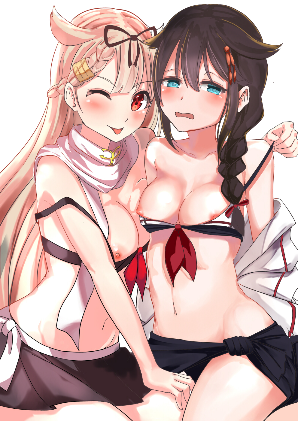 adapted_costume bikini black_hair blonde_hair blush braid breasts hair_flaps hair_ornament hair_over_shoulder highres kantai_collection long_hair looking_at_viewer medium_breasts multiple_girls nigouu nipple_slip nipples one_eye_closed red_eyes remodel_(kantai_collection) sailor_bikini sailor_collar scarf shigure_(kantai_collection) single_braid sketch swimsuit yuudachi_(kantai_collection)