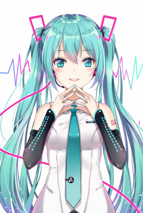 aqua_eyes aqua_hair aqua_nails aqua_neckwear blush breasts cable detached_sleeves fingers_together hair_ornament hatsune_miku headset long_hair looking_at_viewer mamemena nail_polish necktie open_mouth shirt simple_background small_breasts smile solo teeth twintails upper_body vocaloid white_background