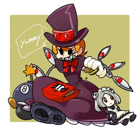 bloody_marie_(skullgirls) doll dress eating female food george_the_bomb gloves hat mechanical_arms orange_hair peacock_(skullgirls) pie red_eyes ribbon sharp_teeth skullgirls solo top_hat