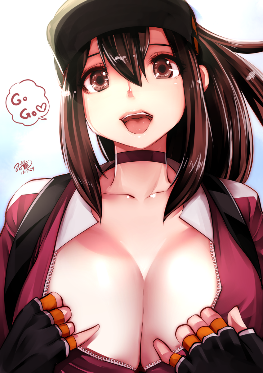 1girl breasts brown_eyes cleavage female_protagonist_(pokemon_go) gloves hat huge_breasts huge_tits long_hair pokemon pokemon_go shiny_eyes souryu tongue tongue_out
