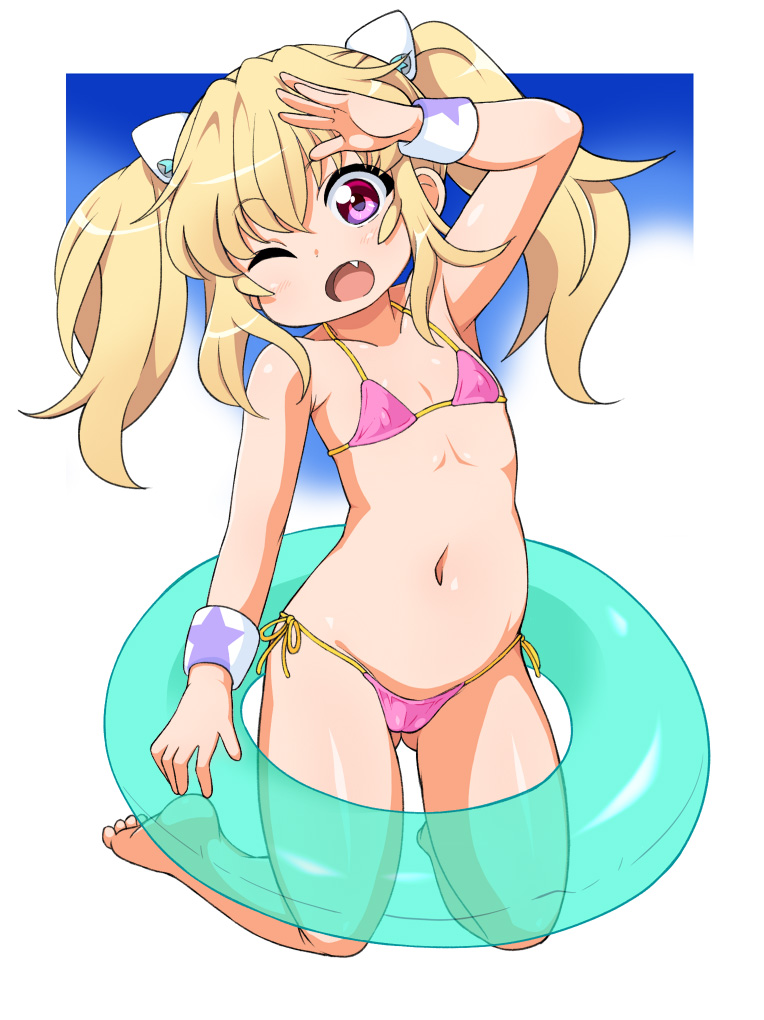 1girl aquarion_logos bikini blonde_hair child daiou fang innertube looking_at_viewer navel one_eye_closed shiny shiny_hair shiny_skin solo twintails uminagi_karan wink