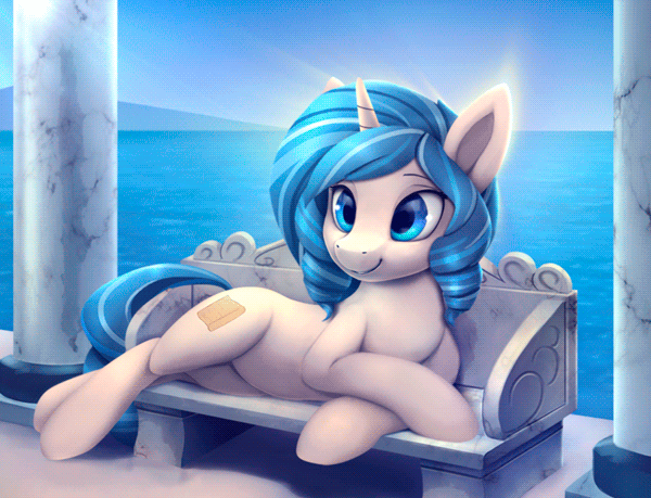 animated bench blue_eyes blue_hair cutie_mark day equine fan_character female fur hair hooves horn horse hoves lying mammal my_little_pony no_sound nude outside pillars pony rodrigues404 sky smile solo unicorn water white_fur