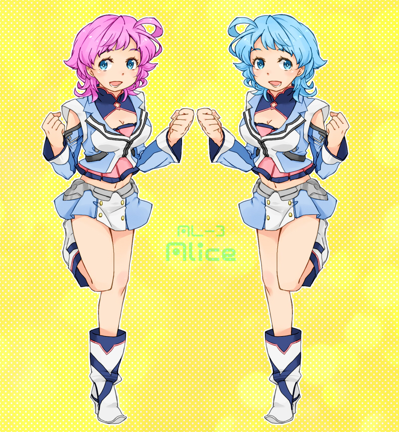 :d akimoto_(akimomomoto) al-3_alice antenna_hair bad_id bad_pixiv_id blue_eyes blue_hair boots character_name cleavage_cutout commentary_request crop_top dual_persona full_body midriff multiple_girls navel open_mouth pink_hair polka_dot polka_dot_background short_hair shoulder_cutout smile standing standing_on_one_leg stomach super_robot_wars_l yellow_background