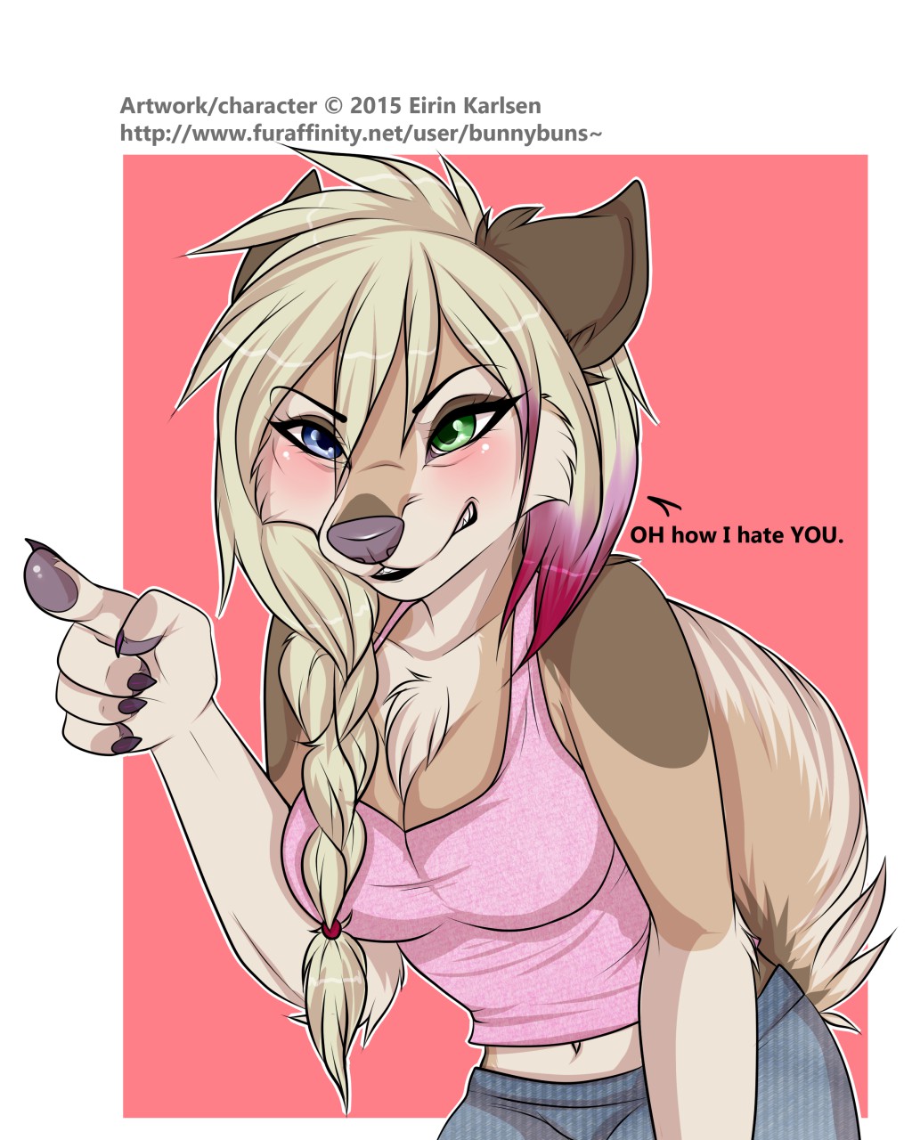 2015 5_fingers anthro braided_hair canine clothed clothing english_text eyelashes female fingers fur gradiewoof grey_nose hair heterochromia ita mammal navel pointing solo tan_fur text white_fur white_hair wolf