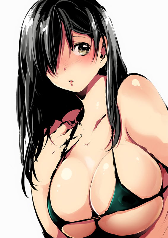 bad_id bad_pixiv_id black_hair blush breasts brown_eyes cleavage green_eyes hair_over_one_eye large_breasts original parted_lips simple_background skindentation solo uekan white_background