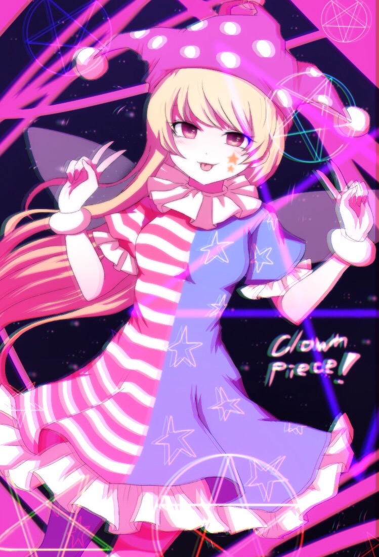 american_flag_dress american_flag_legwear bad_id bad_pixiv_id blonde_hair breasts character_name chromatic_aberration chromatic_aberration_abuse clownpiece commentary_request cowboy_shot double_v facial_mark fairy_wings frilled_sleeves frills hat jester_cap long_hair looking_at_viewer neck_ruff pantyhose pink_eyes polka_dot print_legwear puffy_short_sleeves puffy_sleeves short_sleeves small_breasts smile solo star tongue tongue_out touhou v very_long_hair wings wrist_cuffs you_(noanoamoemoe)