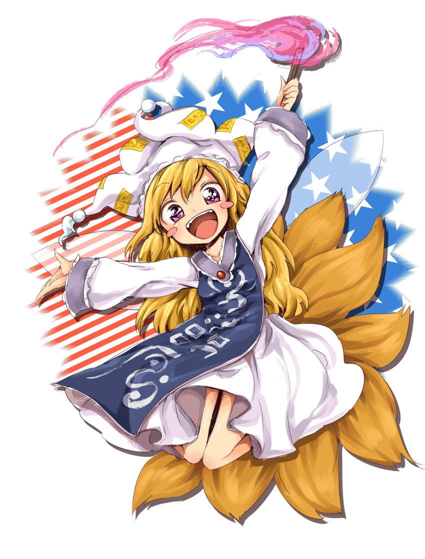 american_flag blonde_hair blush_stickers clownpiece cosplay dress fairy_wings fire fox_tail full_body harusame_(unmei_no_ikasumi) hat jester_cap long_hair long_sleeves looking_at_viewer ofuda open_mouth pink_eyes simple_background smile solo star striped tabard tail teeth torch touhou white_dress wings yakumo_ran yakumo_ran_(cosplay)