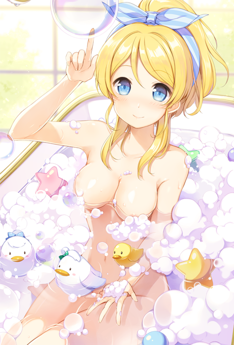6u_(eternal_land) areola_slip areolae ayase_eli bangs bath bathing bathtub blonde_hair blue_bow blue_eyes blush blush_stickers bow breasts bubble bubble_bath closed_mouth commentary_request convenient_censoring cowboy_shot groin hair_ribbon hand_up high_ponytail indoors legs_together light_smile looking_at_viewer love_live! love_live!_school_idol_project medium_breasts navel nose_blush nude open_hand parted_bangs partially_submerged pointing pointing_up ponytail ribbon rubber_duck short_ponytail sidelocks sitting smile soap_bubbles soap_censor solo star striped striped_ribbon swept_bangs tile_wall tiles toy water