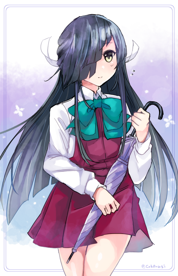 black_hair bow bowtie closed_umbrella dress flying_sweatdrops hair_over_one_eye hair_ribbon hayashimo_(kantai_collection) holding holding_umbrella kantai_collection light_smile long_hair long_sleeves looking_at_viewer nagihashi_koko no_legwear ribbon school_uniform shirt sleeveless sleeveless_dress smile solo twitter_username umbrella very_long_hair white_shirt