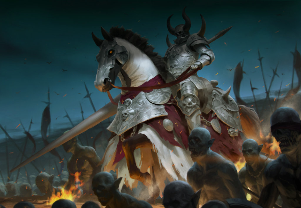 army commentary fantasy full_armor helmet horned_helmet horse kilart knight lance orc original plate_armor polearm red_eyes solo_focus weapon