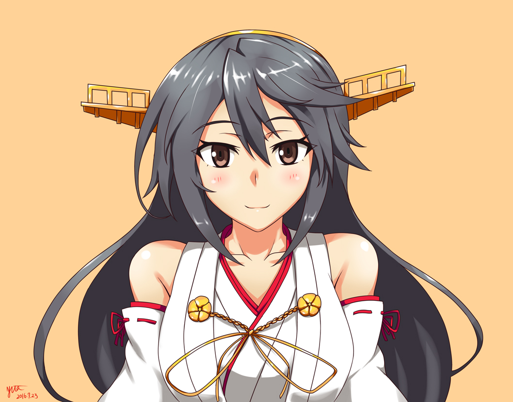 bare_shoulders black_hair blush brown_eyes collarbone commentary_request dated detached_sleeves hair_ornament hairband hairclip haruna_(kantai_collection) headgear japanese_clothes kantai_collection long_hair looking_at_viewer nishiumi_yuuta nontraditional_miko partial_commentary ribbon-trimmed_sleeves ribbon_trim signature smile solo upper_body