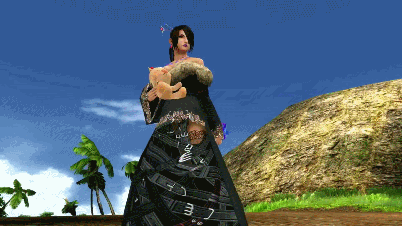 1girl animated animated_gif belt beltskirt black_hair braid breasts cleavage dress earrings female final_fantasy final_fantasy_x gothic ground hair_ornament hair_over_one_eye jewelry jiggle large_breasts lipstick long_hair lulu_(ff10) lulu_(final_fantasy) makeup mole moogle multiple_belts nail_polish necklace outdoors purple_nails sky solo standing strapless_dress trees