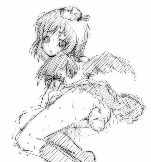 1girl ahashi anal_insertion anal_prolapse anus arm_support ass back egg egg_laying hat insertion looking_at_viewer looking_back monochrome no_panties object_insertion petite prolapse saliva shameimaru_aya short_hair skirt skirt_lift sweat tears touhou uncensored wings