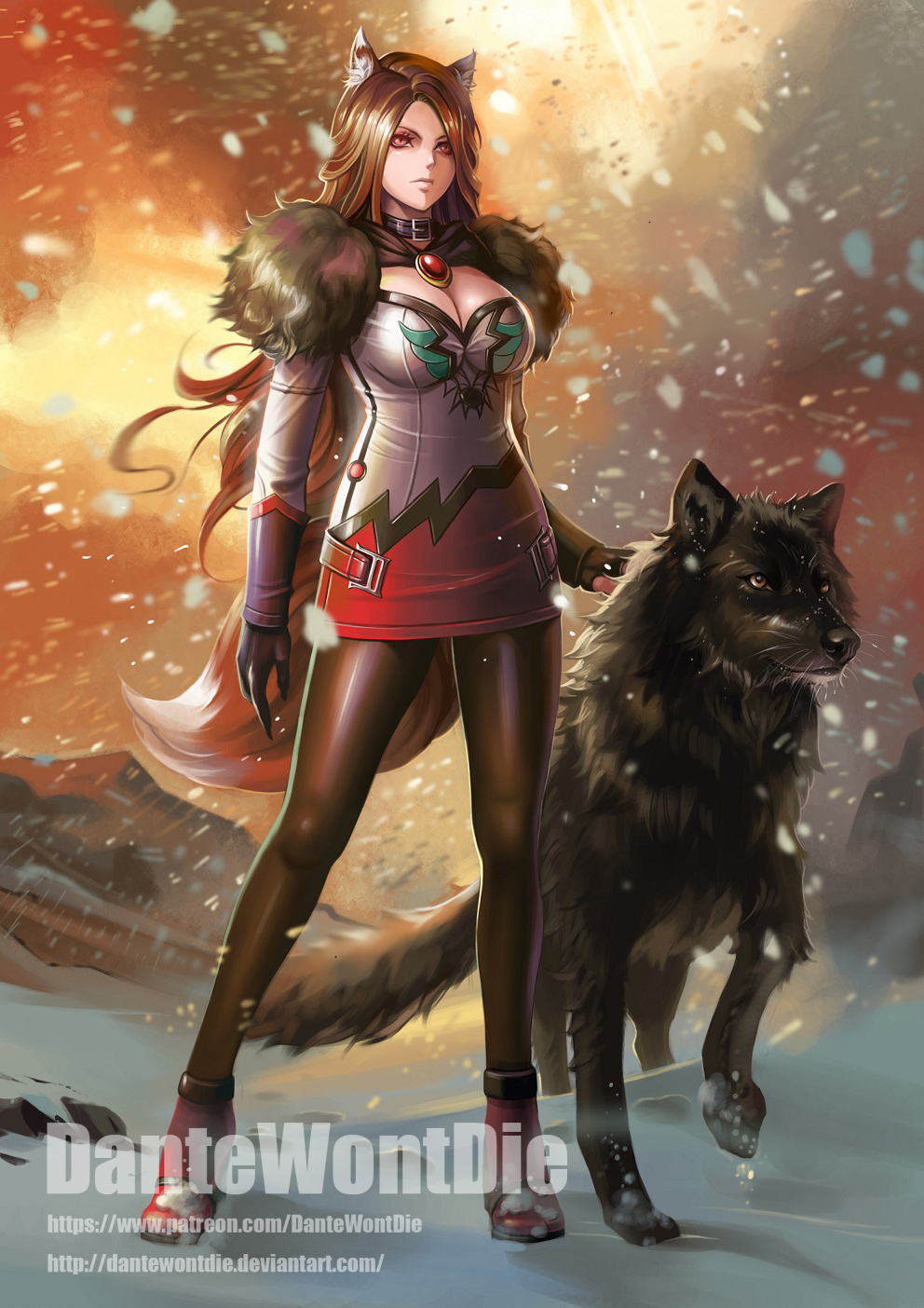 alternate_costume animal animal_ears ankle_boots artist_name backlighting banned_artist belt_buckle black_fur black_gloves boots breasts brooch brown_hair brown_legwear buckle choker cleavage closed_mouth contrapposto dress expressionless full_body fur fur_trim gem gloves highres imaizumi_kagerou jewelry large_breasts long_hair looking_afar motion_blur outdoors pantyhose red_footwear ruby_(stone) short_dress snow snowing standing strapless strapless_dress tail touhou tube_dress unbuckled_belt very_long_hair watermark web_address whiskers white_dress wolf wolf_ears wolf_tail yinan_cui