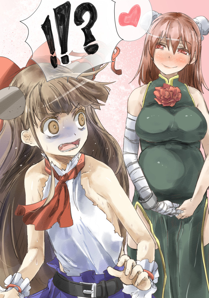 2girls bandaged_arm bandages bare_shoulders belt blush bow breast_rest breasts brown_eyes brown_hair bun_cover china_dress chinese_clothes collarbone commentary_request double_bun dress error fang green_dress hair_bow heart horn_ribbon horns ibaraki_kasen ibuki_suika large_breasts multiple_girls open_mouth pink_hair pregnant ribbon shirt skirt sleeveless sleeveless_shirt small_breasts smile spoken_heart thighhighs touhou turn_pale wrist_cuffs yohane yuri