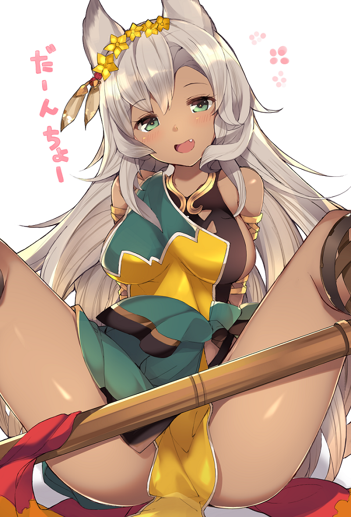 animal_ears arm_support blush breasts cat_ears commentary_request dark_skin erune fang flower granblue_fantasy green_eyes grey_hair hair_flower hair_ornament haruyuki_(yukichasoba) long_hair looking_at_viewer medium_breasts nemone open_mouth partial_commentary sideboob simple_background sitting smile solo spread_legs translation_request
