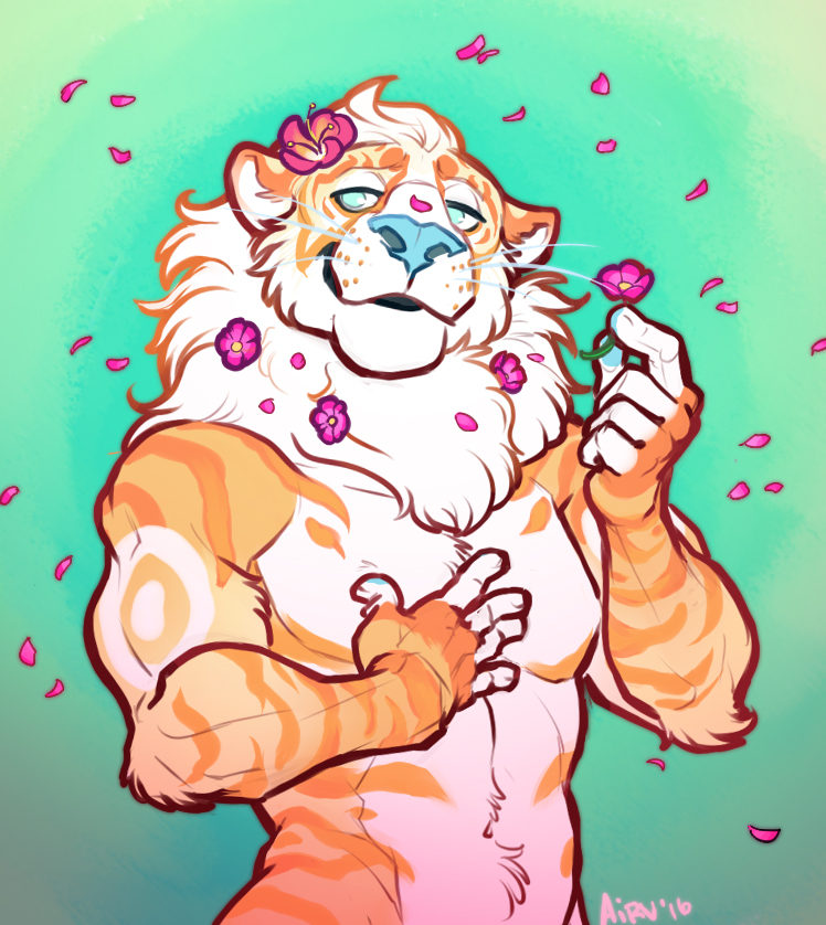 2016 5_fingers airu anthro athletic blue_eyes blue_nose digital_media_(artwork) feline flower front_view fur green_background half-closed_eyes half-length_portrait hand_on_chest hybrid liger lion male mammal mane multicolored_fur nude orange_fur petals plant portrait signature simple_background solo standing stripes tiger whiskers white_fur