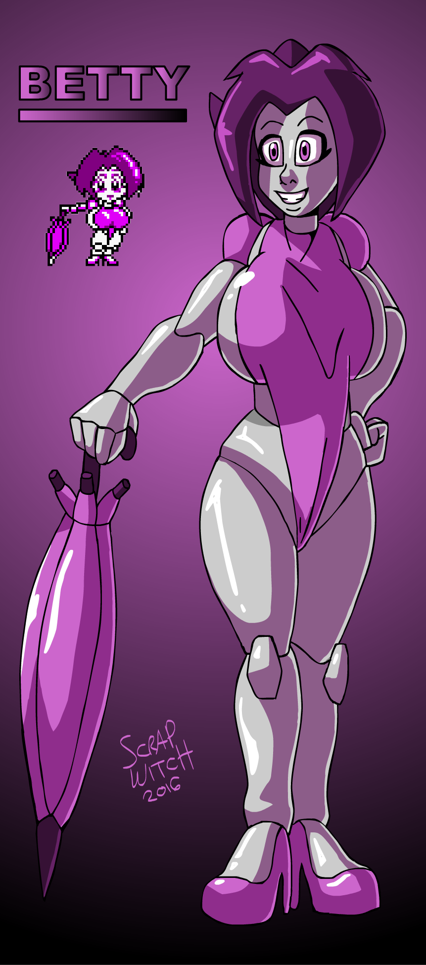 2016 big_breasts breasts clothed clothing digital_media_(artwork) footwear hair high_heels machine not_furry pixel_(artwork) purple_eyes purple_hair robopon_(game) robopon_(species) robot scrap-witch simple_background simple_colors skimpy umbrella unitard video_games wide_hips